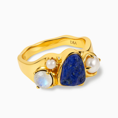 Raw Lapis Lazuli & Round Moonstone Wavy Ring - Rolling Tides 18KT Yellow Gold Vermeil Front View