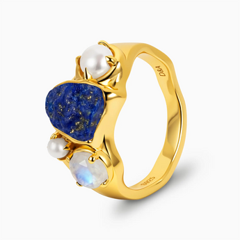 Raw Lapis Lazuli & Round Moonstone Wavy Ring - Rolling Tides 18KT Yellow Gold Vermeil Side View