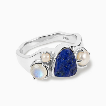 Raw Lapis Lazuli & Round Moonstone Wavy Ring - Rolling Tides 925 Sterling Silver Front View