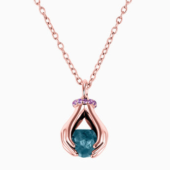Raw London Blue Topaz Cradle Necklace - Guardian Hands 18KT Rose Gold Vermeil Front View