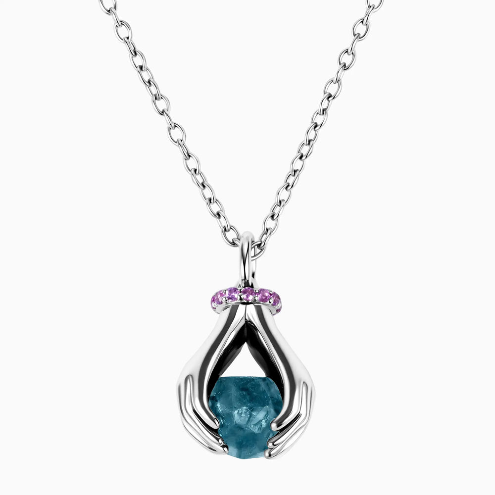 Raw London Blue Topaz Cradle Necklace - Guardian Hands 925 Sterling Front View