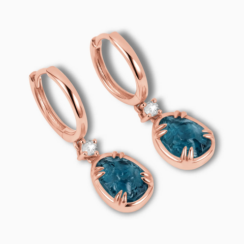Raw London Blue Topaz Huggie Hoop Earrings - Sacred Wrap 18KT Rose Gold Vermeil Side View