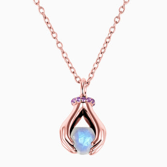 Raw Moonstone Cradle Necklace - Guardian Hands 18KT Rose Gold Vermeil Front View