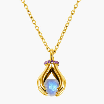 Raw Moonstone Cradle Necklace - Guardian Hands 18KT Yellow Gold Vermeil Front View