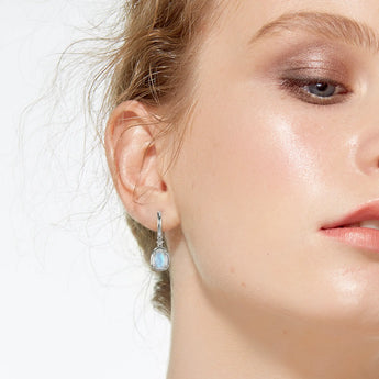 Raw Moonstone Huggie Hoop Earrings - Sacred Wrap 925 Sterling Silver Model Shot