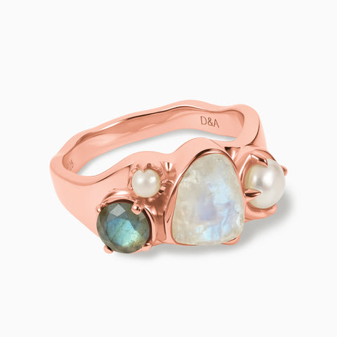 Raw Moonstone & Round Labradorite Wavy Ring - Rolling Tides 18KT Rose Gold Vermeil Front View