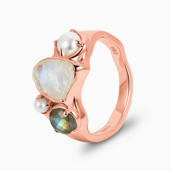Raw Moonstone & Round Labradorite Wavy Ring - Rolling Tides 18KT Rose Gold Vermeil Side View