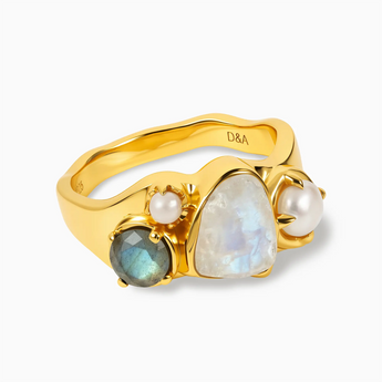 Raw Moonstone & Round Labradorite Wavy Ring - Rolling Tides 18KT Yellow Gold Vermeil Front View