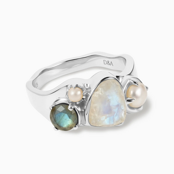 Raw Moonstone & Round Labradorite Wavy Ring - Rolling Tides 925 Sterling Silver Front View