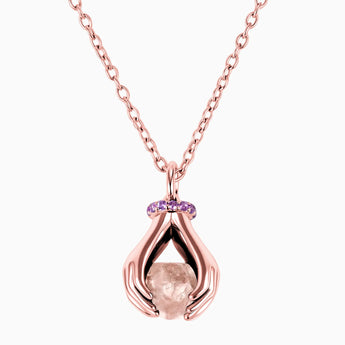 Raw Morganite Cradle Necklace - Guardian Hands 18KT Rose Gold Vermeil Front View