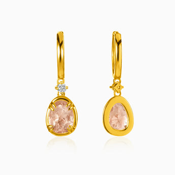 Raw Morganite Huggie Hoop Earrings - Sacred Wrap 18KT Yellow Gold Vermeil Front View