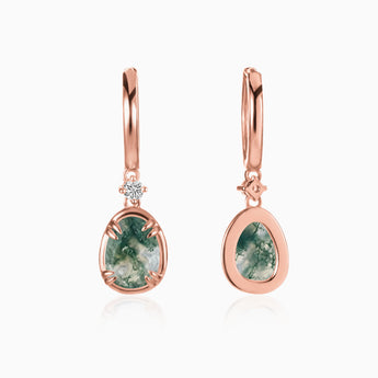 Raw Moss Agate Huggie Hoop Earrings - Sacred Wrap 18KT Rose Gold Vermeil Front View
