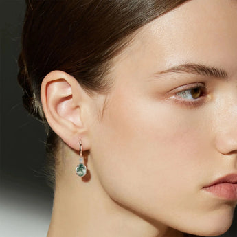 Raw Moss Agate Huggie Hoop Earrings - Sacred Wrap 18KT Rose Gold Vermeil Model Shot