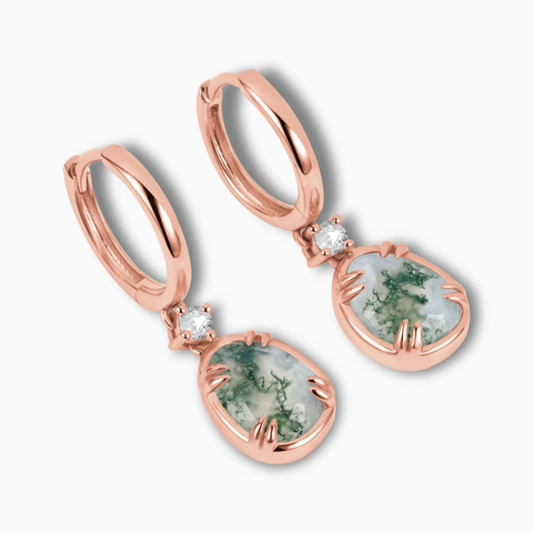 Raw Moss Agate Huggie Hoop Earrings - Sacred Wrap 18KT Rose Gold Vermeil Side View