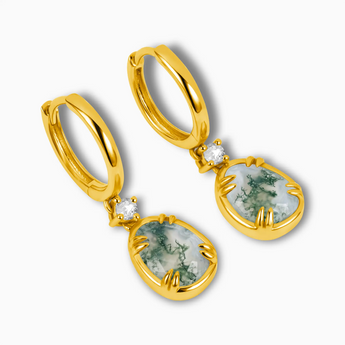 Raw Moss Agate Huggie Hoop Earrings - Sacred Wrap 18KT Yellow Gold Vermeil Side View
