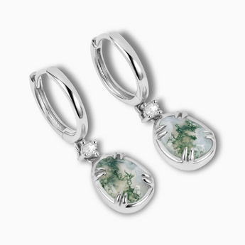 Raw Moss Agate Huggie Hoop Earrings - Sacred Wrap 925 Sterling Silver Side View