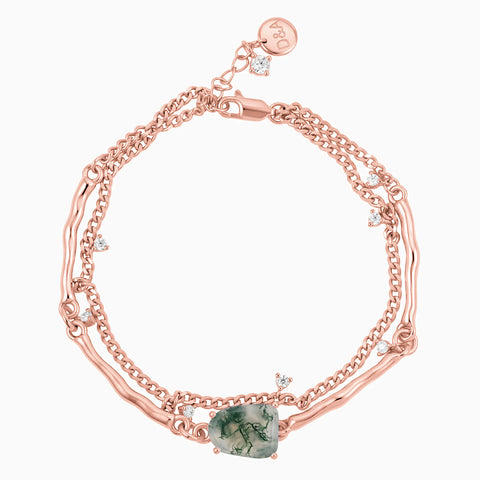 Raw Moss Agate Layered Bracelet - Wild Vine 18KT Rose Gold Vermeil Front View