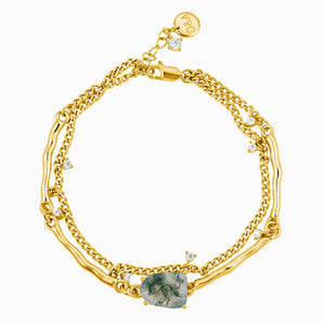 Raw Moss Agate Layered Bracelet - Wild Vine 18KT Yellow Gold Vermeil Front View