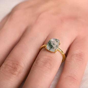 Raw Moss Agate  Ring - Freeform 18KT Yellow Gold Vermeil Worn View