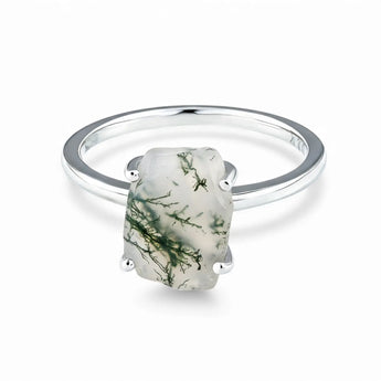 Raw Moss Agate Ring - Freeform 925 Sterling Silver Front View