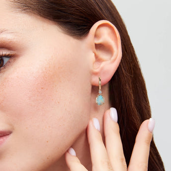 Raw Opal Huggie Hoop Earrings - Sacred Wrap 18KT Rose Gold Vermeil Model Shot