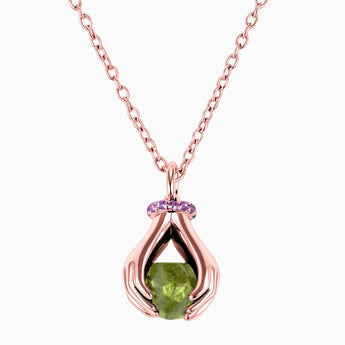 Raw Peridot Cradle Necklace - Guardian Hands 18KT Rose Gold Vermeil Front View