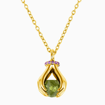 Raw Peridot Cradle Necklace - Guardian Hands 18KT Yellow Gold Vermeil Front View