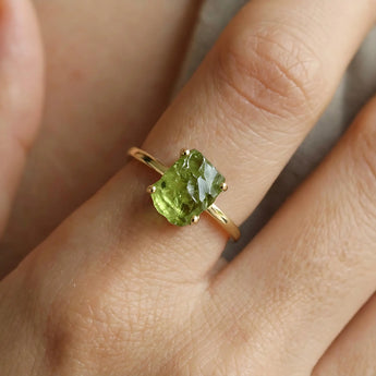 Raw Peridot Ring - Freeform 18KT Yellow Gold Vermeil Worn View
