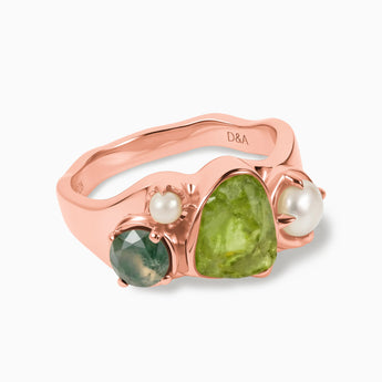 Raw Peridot & Round Moss Agate Wavy Ring - Rolling Tides 18KT Rose Gold Vermeil Front View