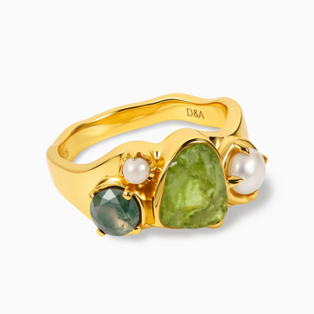 Raw Peridot & Round Moss Agate Wavy Ring - Rolling Tides 18KT Yellow Gold Vermeil Front View