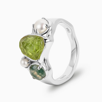 Raw Peridot & Round Moss Agate Wavy Ring - Rolling Tides 925 Sterling Silver Side View
