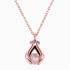 Raw Rose Quartz Cradle Necklace - Guardian Hands 18KT Rose Gold Vermeil Front View