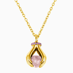 Raw Rose Quartz Cradle Necklace - Guardian Hands 18KT Yellow Gold Vermeil Front View