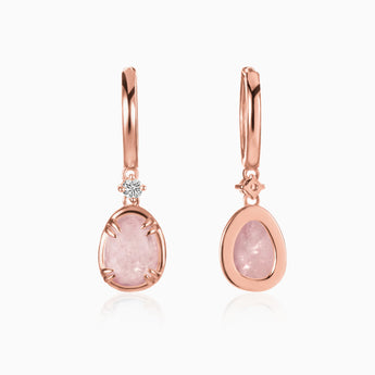 Raw Rose Quartz Huggie Hoop Earrings - Sacred Wrap 18KT Rose Gold Vermeil Front View
