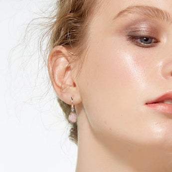Raw Rose Quartz Huggie Hoop Earrings - Sacred Wrap 18KT Rose Gold Vermeil Model Shot