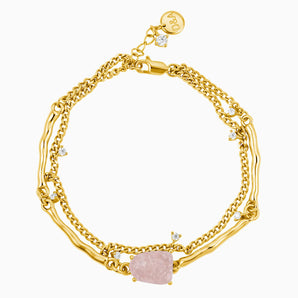 Raw Rose Quartz Layered Bracelet - Wild Vine 18KT Yellow Gold Vermeil Front View