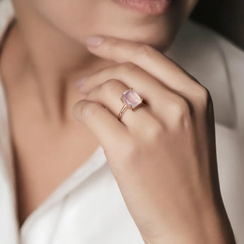 Raw Rose Quartz Ring - Freeform 18KT Rose Gold Vermeil Model Shot