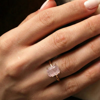 Raw Rose Quartz Ring - Freeform 18KT Rose Gold Vermeil Worn View