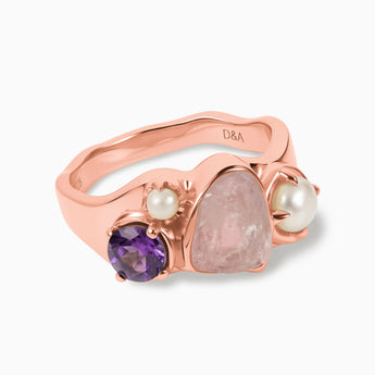 Raw Rose Quartz & Round Amethyst Wavy Ring - Rolling Tides 18KT Rose Gold Vermeil Front View