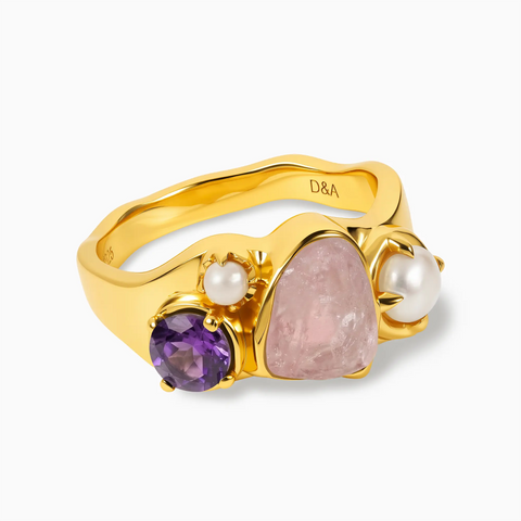 Raw Rose Quartz & Round Amethyst Wavy Ring - Rolling Tides 18KT Yellow Gold Vermeil Front View