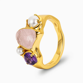 Raw Rose Quartz & Round Amethyst Wavy Ring - Rolling Tides 18KT Yellow Gold Vermeil Side View