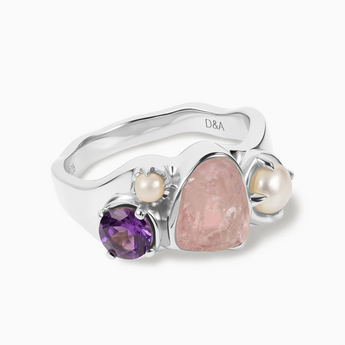 Raw Rose Quartz & Round Amethyst Wavy Ring - Rolling Tides 925 Sterling Silver Front View
