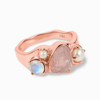 Raw Rose Quartz & Round Moonstone Wavy Ring - Rolling Tides 18KT Rose Gold Vermeil Front View