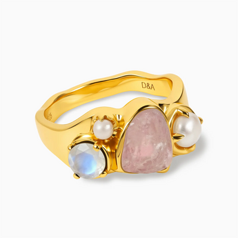 Raw Rose Quartz & Round Moonstone Wavy Ring - Rolling Tides 18KT Yellow Gold Vermeil Front View