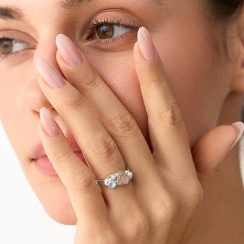 Raw Rose Quartz & Round Moonstone Wavy Ring - Rolling Tides 925 Sterling Silver Model Shot