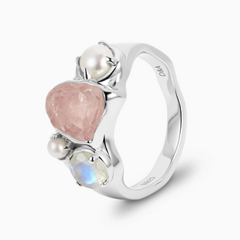 Raw Rose Quartz & Round Moonstone Wavy Ring - Rolling Tides 925 Sterling Silver Side View