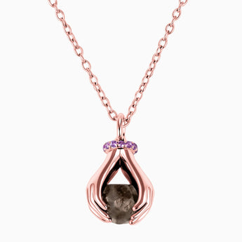 Raw Smoky Quartz Cradle Necklace - Guardian Hands 18KT Rose Gold Vermeil Front View