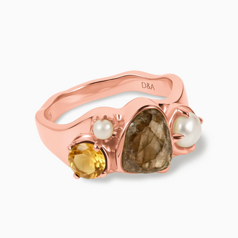 Raw Smoky Quartz & Round Citrine Wavy Ring - Rolling Tides 18KT Rose Gold Vermeil Front View