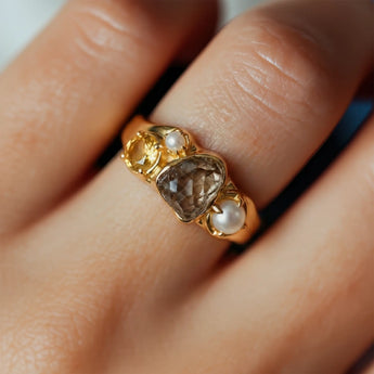 Raw Smoky Quartz & Round Citrine Wavy Ring - Rolling Tides 18KT Yellow Gold Vermeil Model Shot