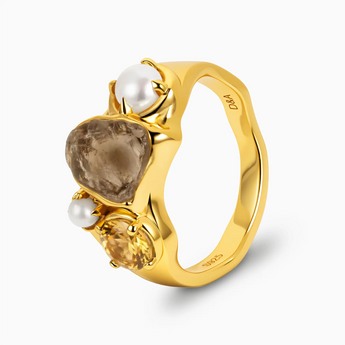 Raw Smoky Quartz & Round Citrine Wavy Ring - Rolling Tides 18KT Yellow Gold Vermeil Side View